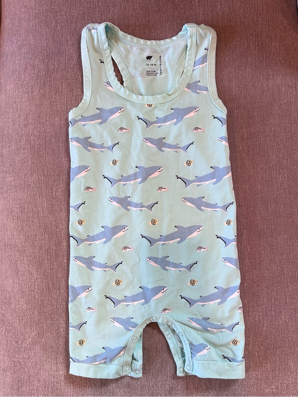 Monica + Andy Shark Print Organic Cotton Baby Romper 12-18m
